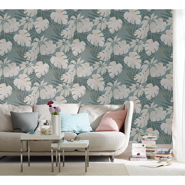 Nona Grey Tropical Leaves Wallpaper  | Brewster Wallcovering - The WorkRm