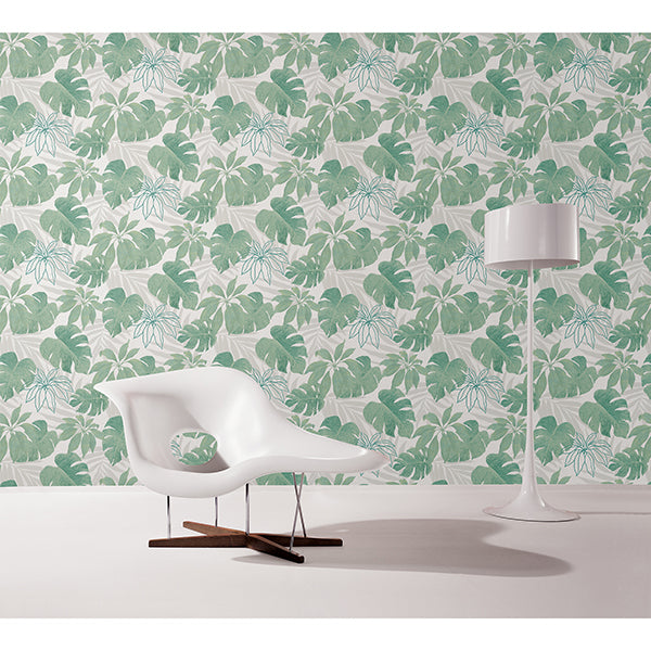 Nona Green Tropical Leaves Wallpaper  | Brewster Wallcovering - The WorkRm