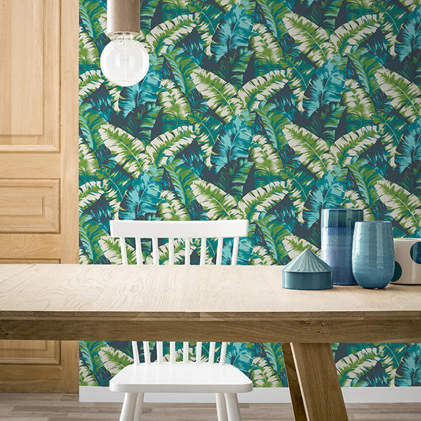 Pisang Navy Palm Leaf Wallpaper - Brewster Wallcovering