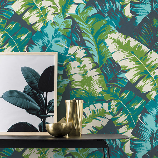 Pisang Navy Palm Leaf Wallpaper - Brewster Wallcovering