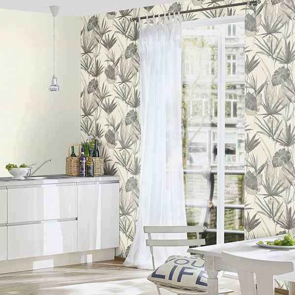 Nameri Grey Tropical Frond Wallpaper - Brewster Wallcovering