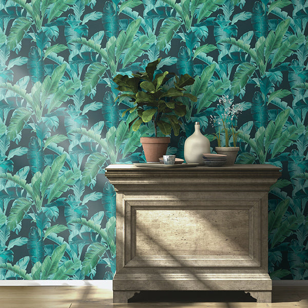 Orissa Dark Blue Palm Frond Wallpaper  | Brewster Wallcovering - The WorkRm