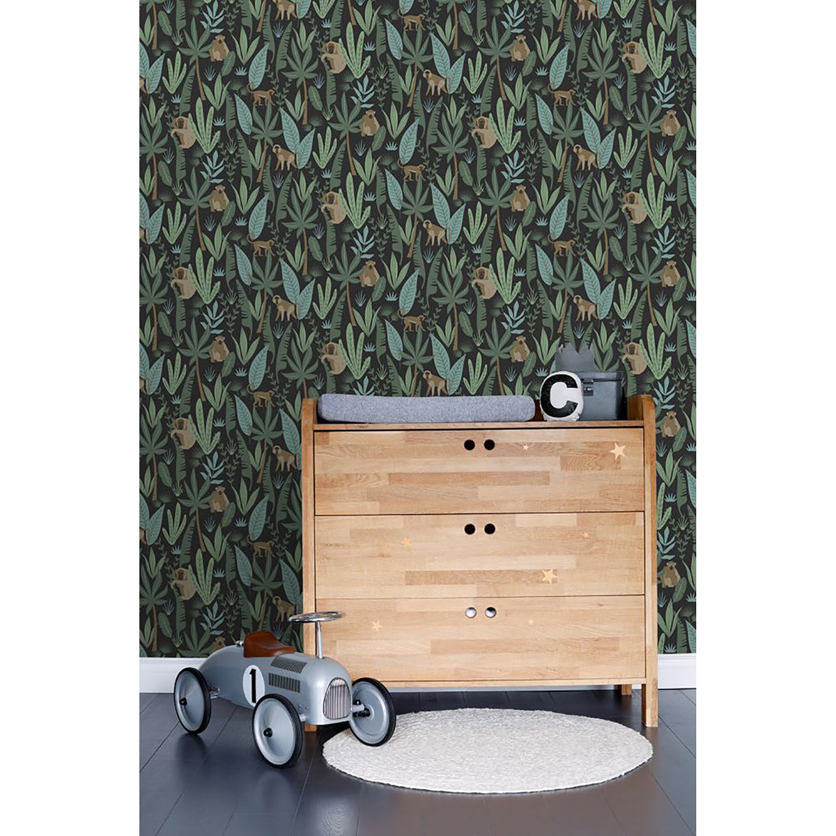 Macaque Dark Green Monkeys Wallpaper - Brewster Wallcovering