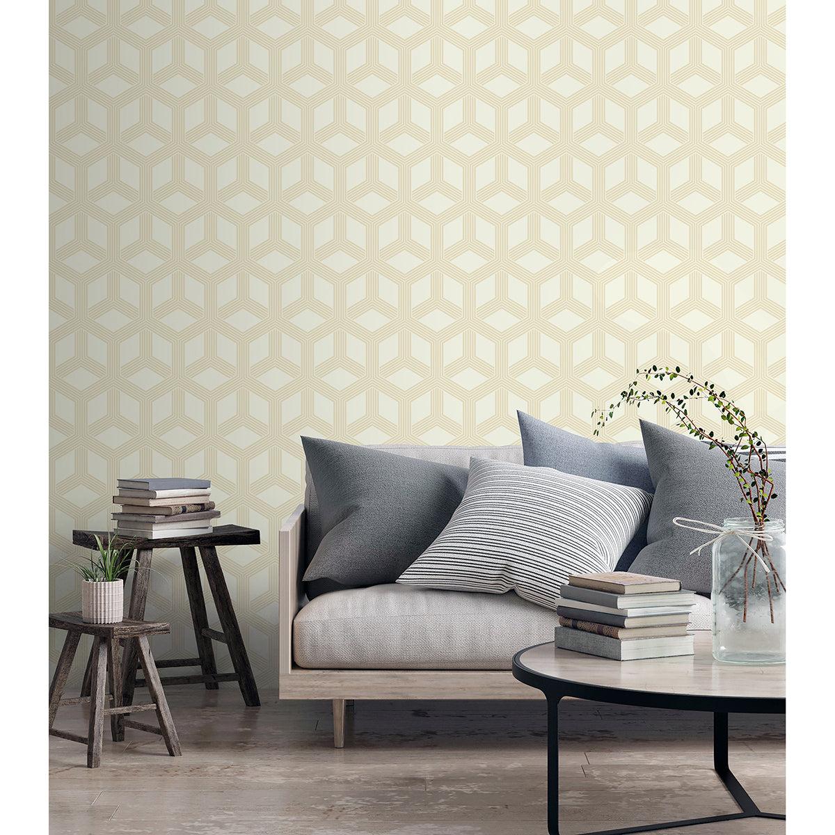 Xander Cream Glam Geometric Wallpaper - Brewster Wallcovering