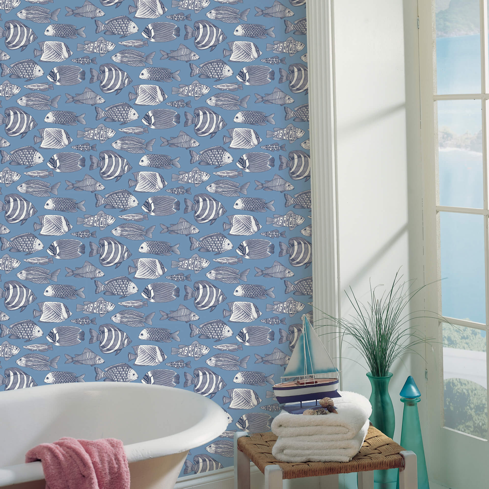 Wailea Sky Blue Tropical School Wallpaper - York Wallcoverings - 2927-80212 - York Wallcoverings Wallpaper