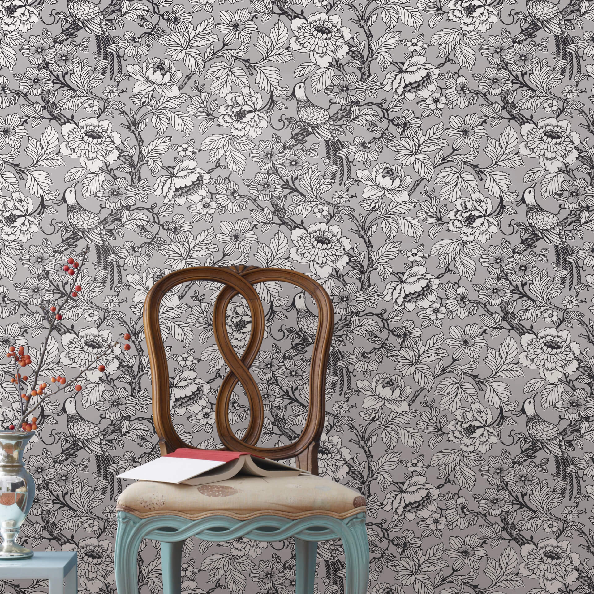 Beaufort Silver Peony Chinoiserie Wallpaper - York Wallcoverings - 2927-80407 - York Wallcoverings Wallpaper
