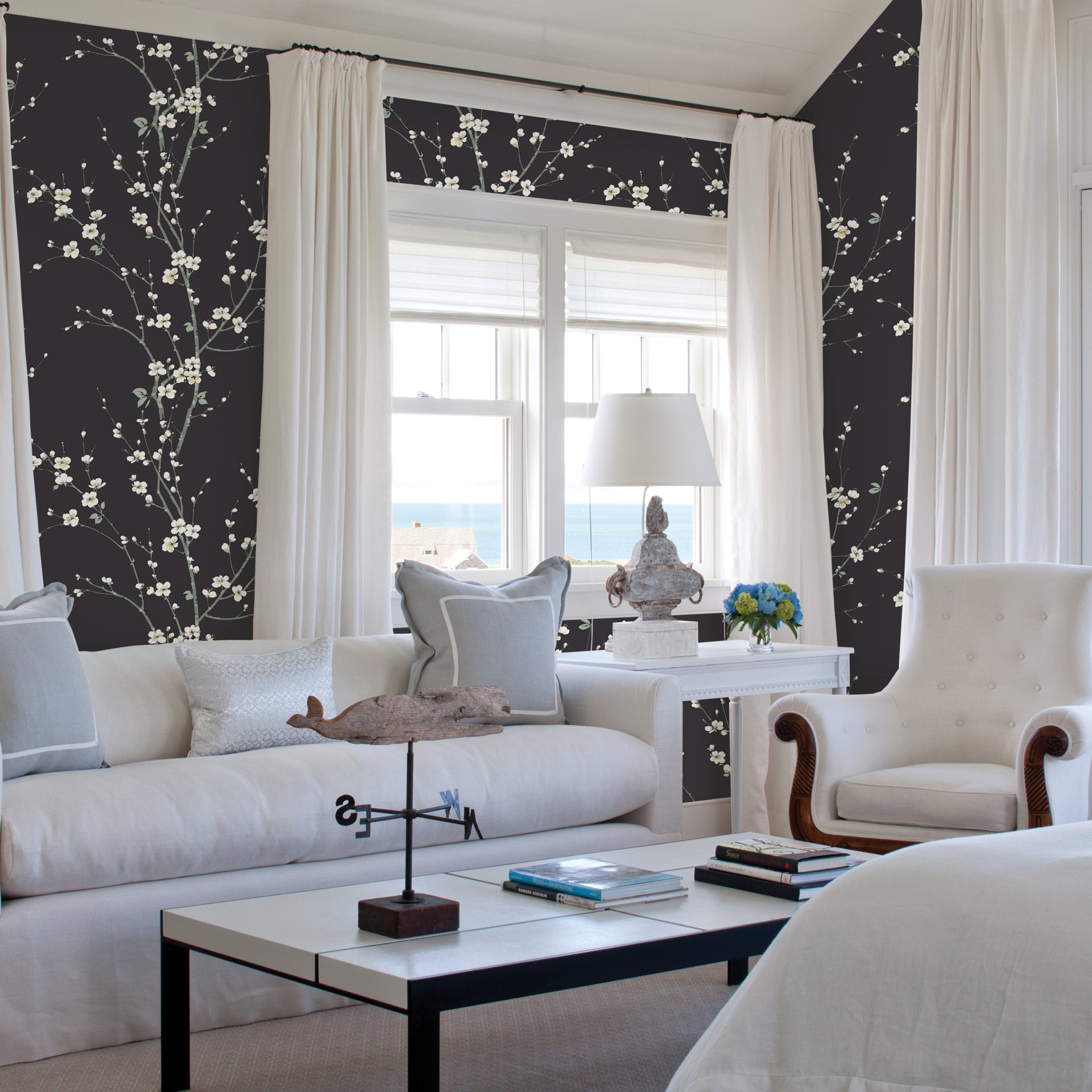 Monterey Black Floral Branch Wallpaper - Brewster Wallcovering