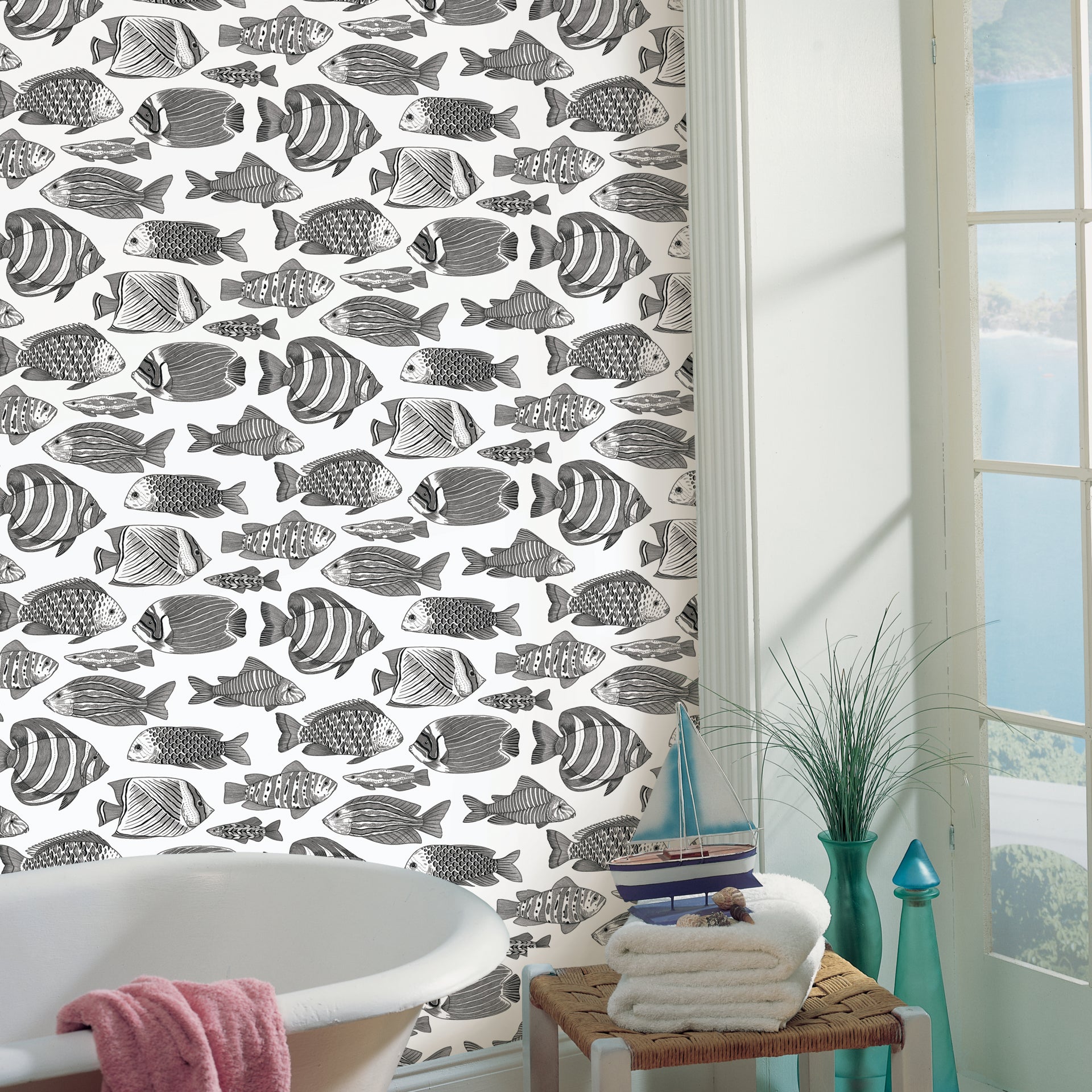 Wailea Black Tropical School Wallpaper  | Brewster Wallcovering - The WorkRm