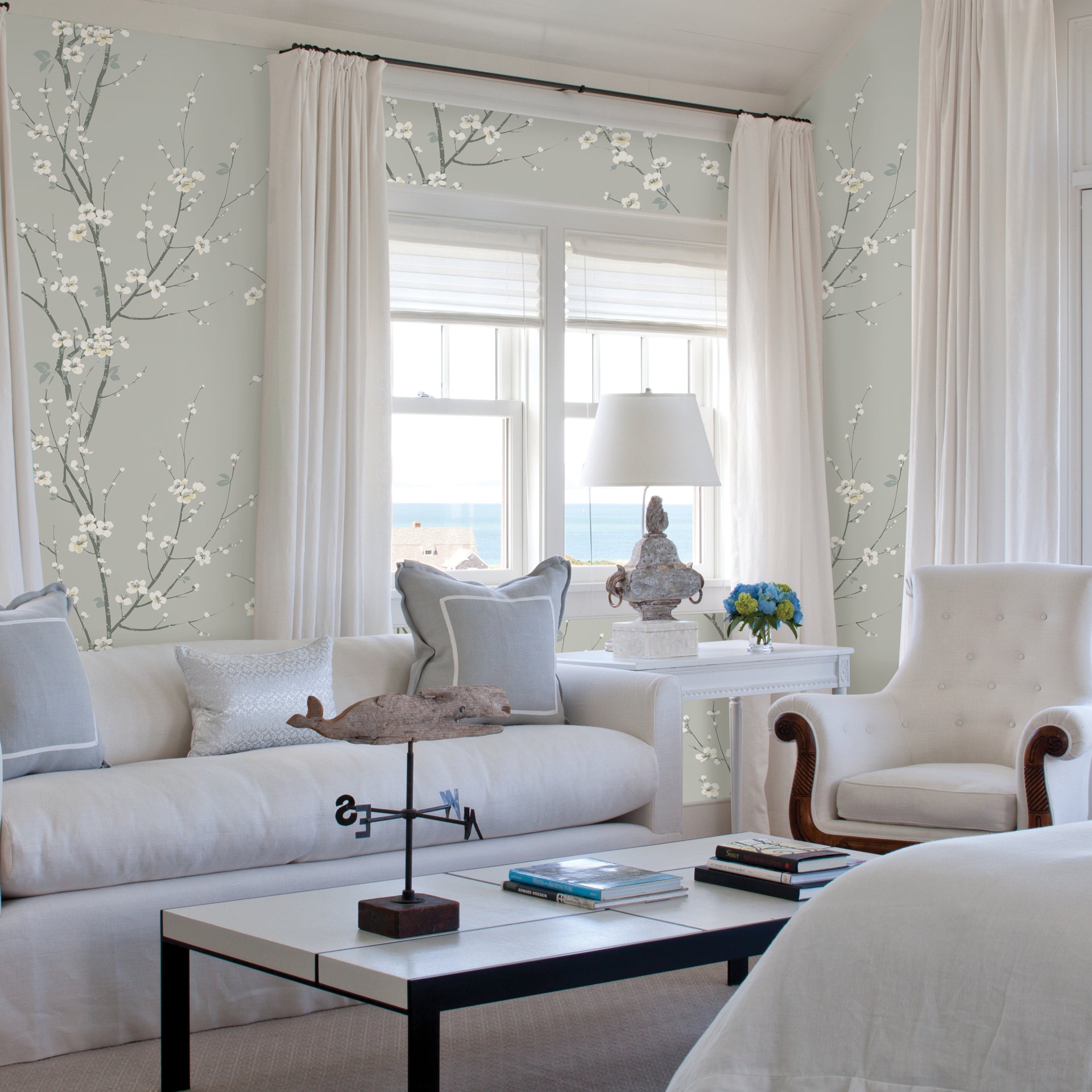 Monterey Silver Mist Floral Branch Wallpaper - Brewster Wallcovering