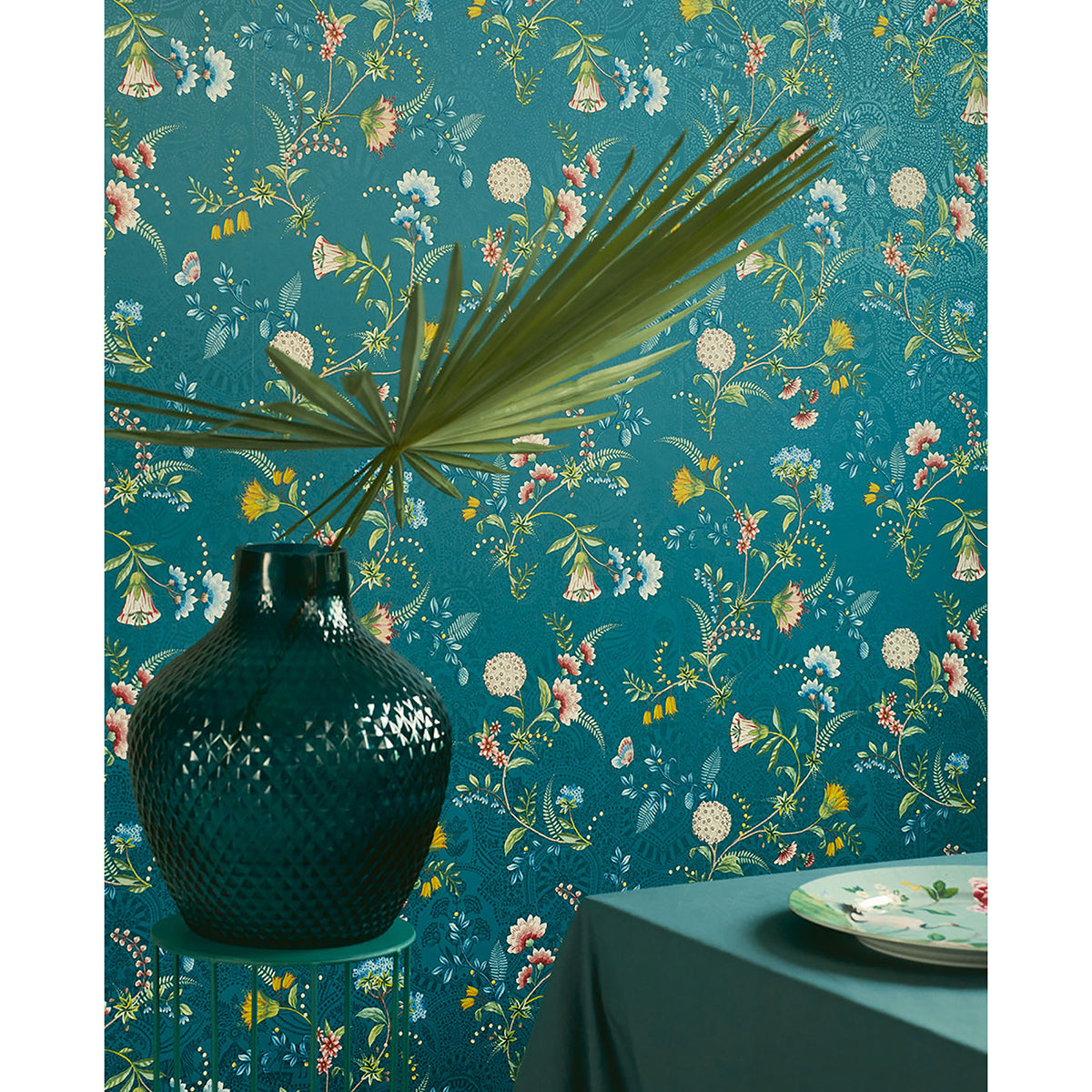 La Majorelle Teal Ornate Floral Wallpaper - Brewster Wallcovering