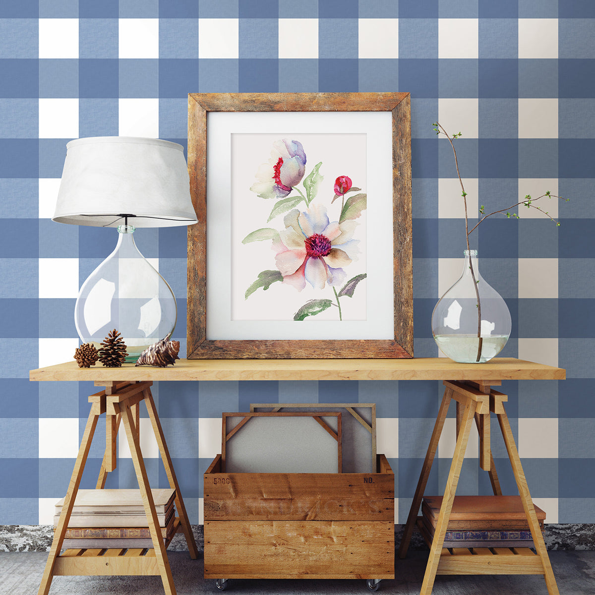 Amos Navy Gingham Wallpaper  | Brewster Wallcovering - The WorkRm