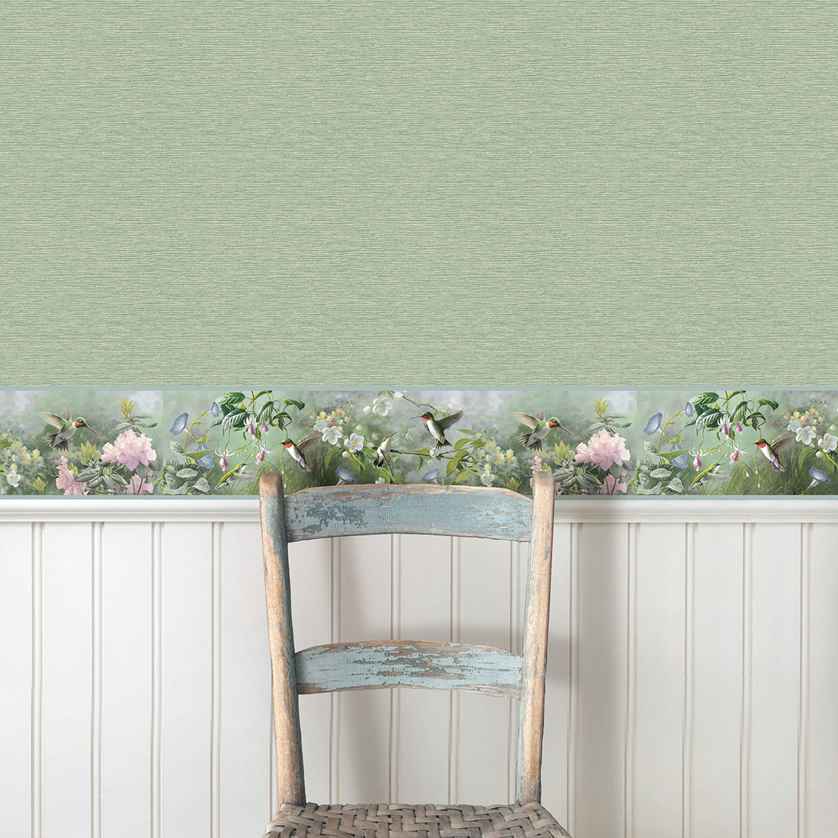 Ruby Light Blue Hummingbird Garden Border  | Brewster Wallcovering - The WorkRm