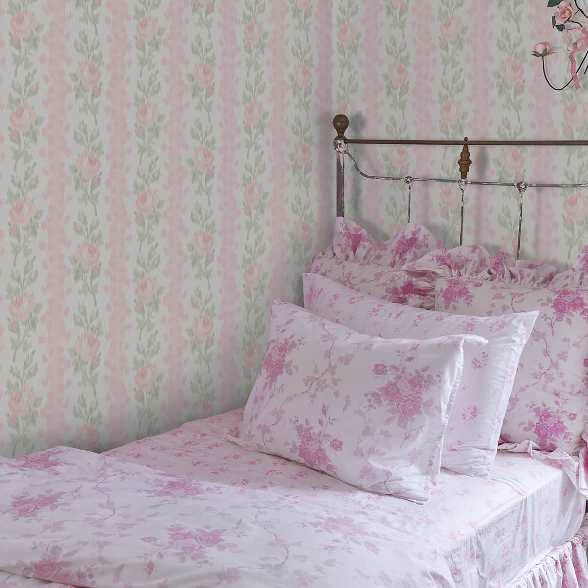 blooming-heirloom-marie-pink-rose-stripe-wallpaper-york-wallcoverings-ast4105 - York Wallcoverings Wallpaper