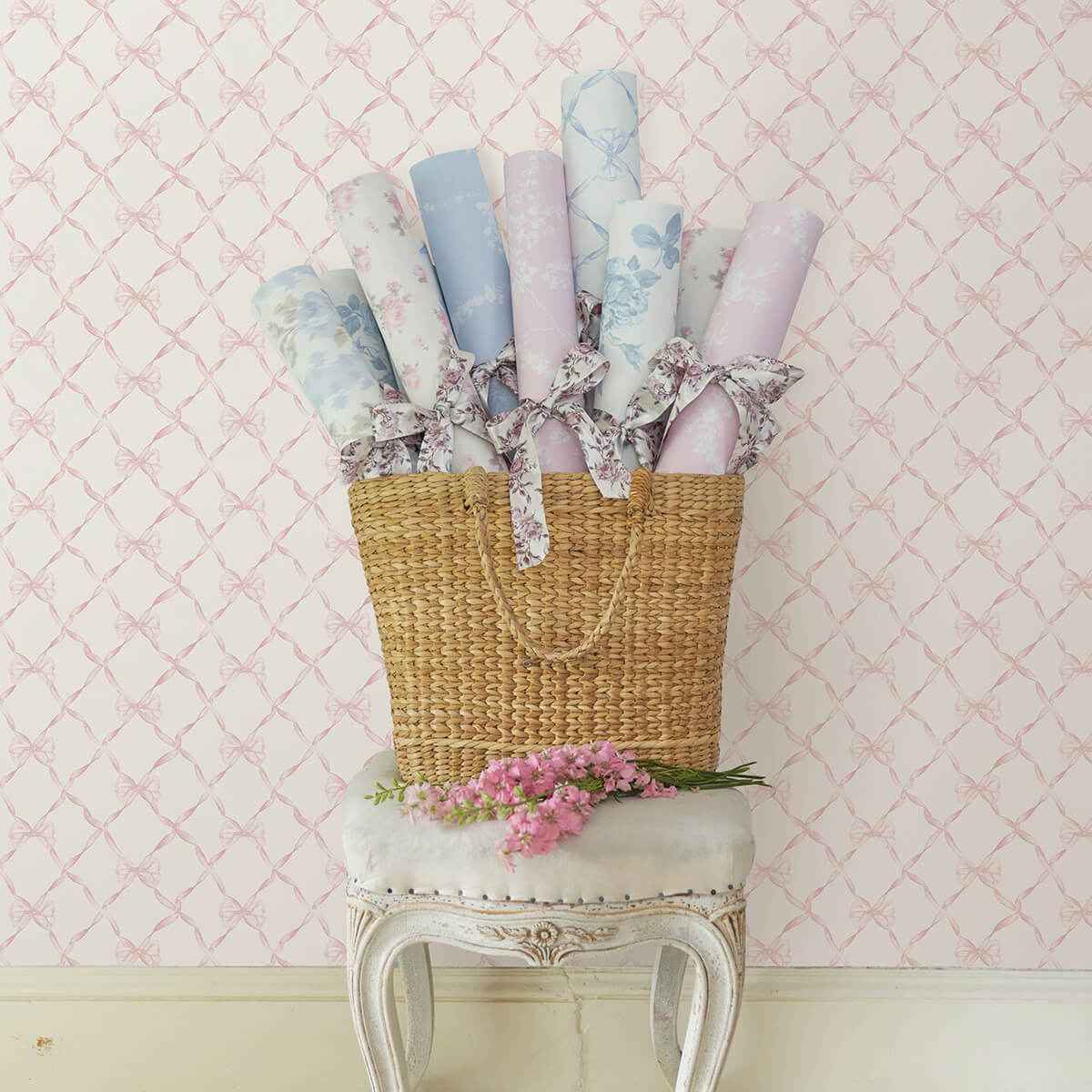 Baby Bow Faded Primrose Ribbon Trellis Wallpaper - York Wallcoverings - AST4114 - York Wallcoverings Wallpaper