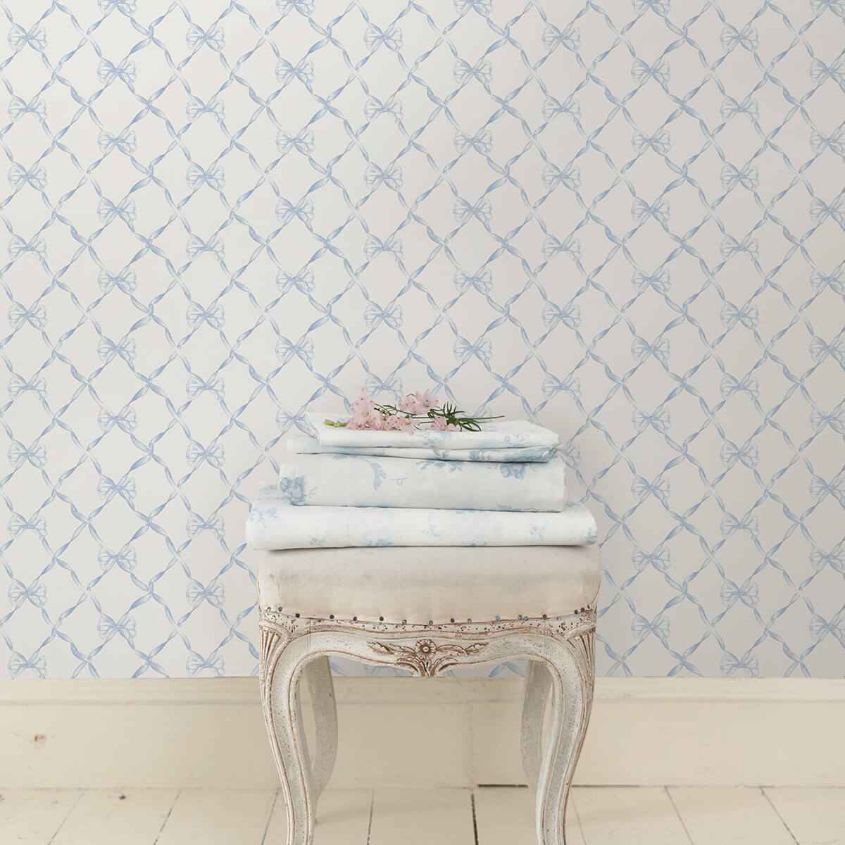 Baby Bow Blue Bella Ribbon Ribbon Trellis Wallpaper - York Wallcoverings - AST4168 - York Wallcoverings Wallpaper