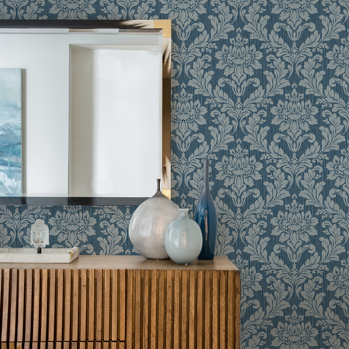 Galois Blue Damask Wallpaper - Brewster Wallcovering