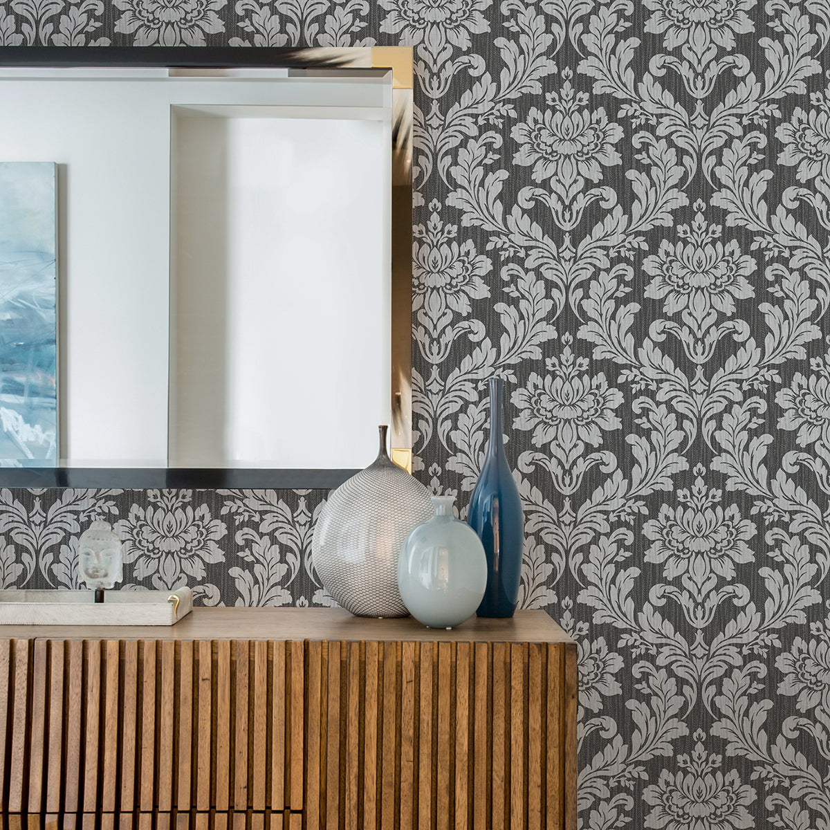 Galois Silver Damask Wallpaper - Brewster Wallcovering