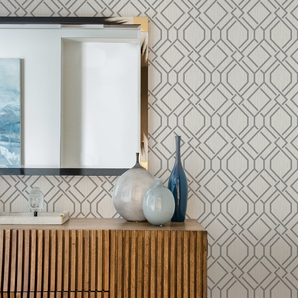 Frege Grey Trellis Wallpaper - Brewster Wallcovering