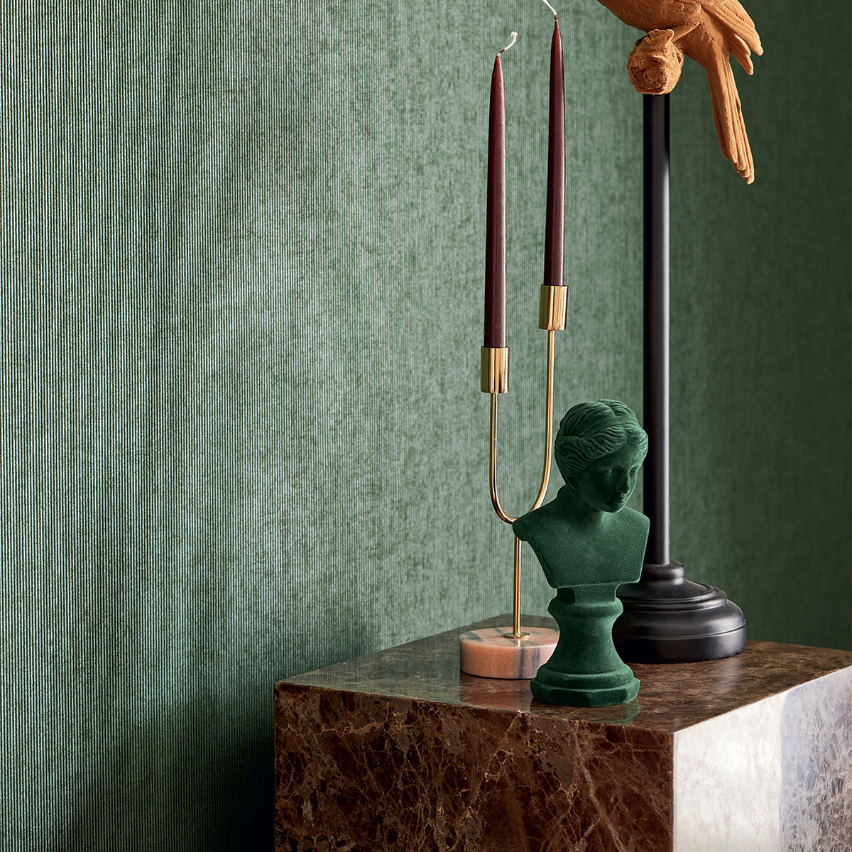 Leonardo Dark Green Flock Stripe Wallpaper - Brewster Wallcovering