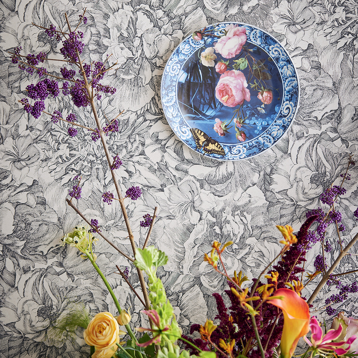 Auguste Charcoal Floral Wallpaper  | Brewster Wallcovering - The WorkRm