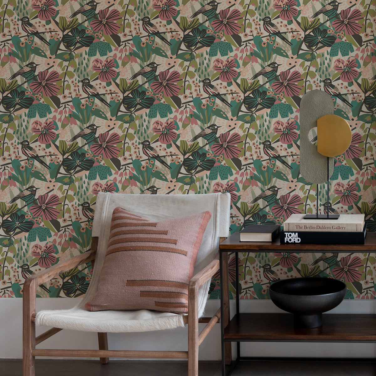 Teal Pink Jaybird Peel and Stick Wallpaper - Brewster Wallcovering