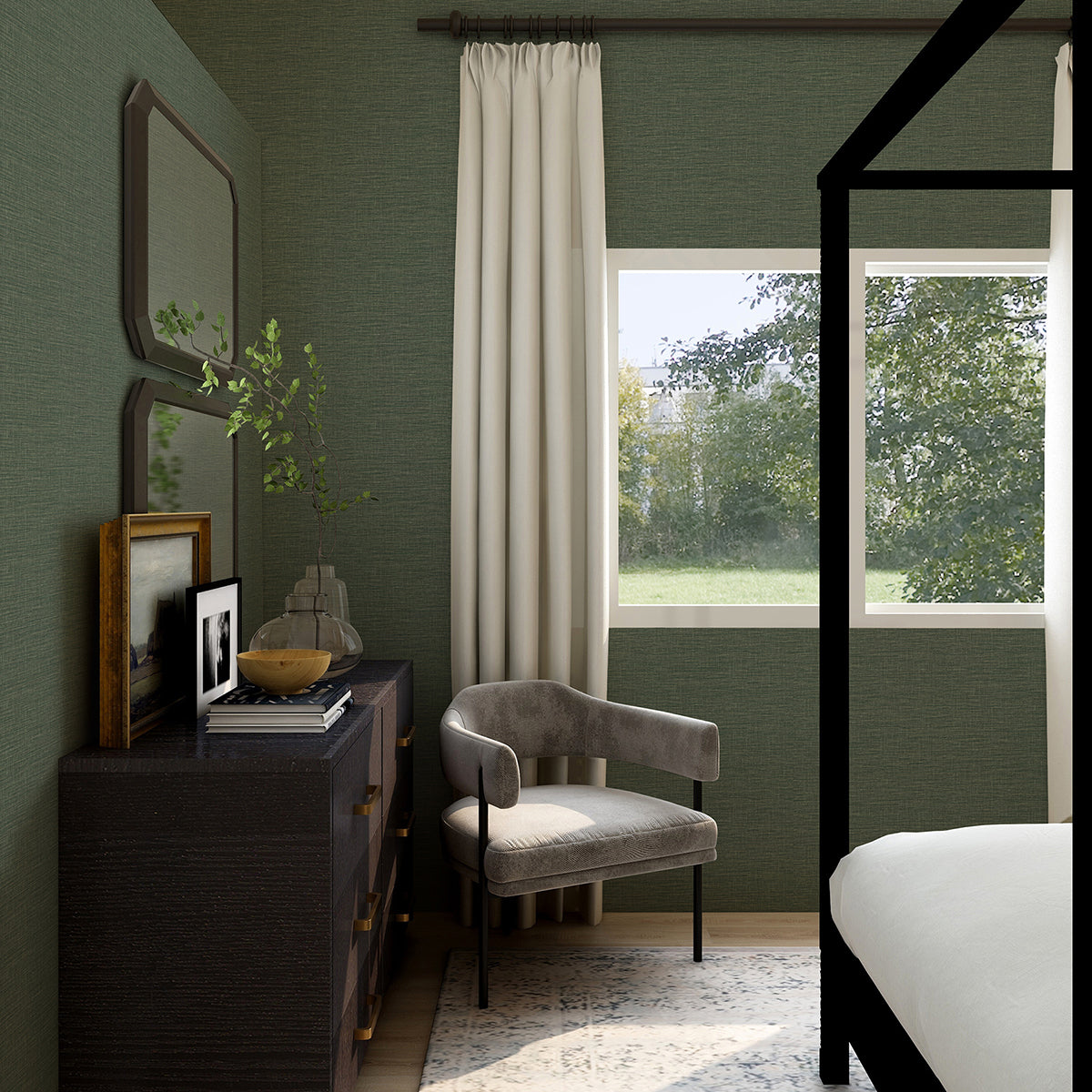 Lela Green Faux Linen Wallpaper - Brewster Wallcovering