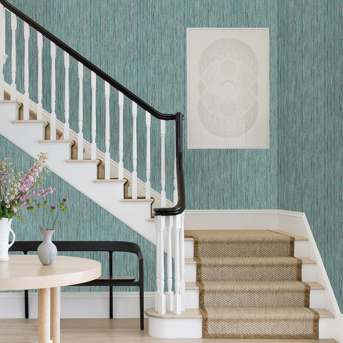 Justina Teal Faux Grasscloth Wallpaper  | Brewster Wallcovering