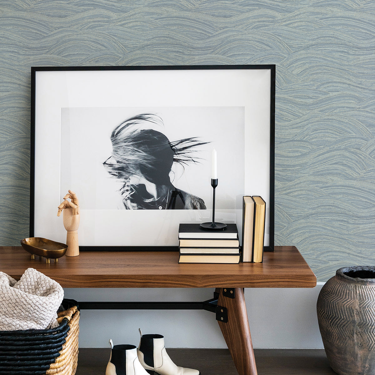 Leith Blue Zen Waves Wallpaper  | Brewster Wallcovering - The WorkRm