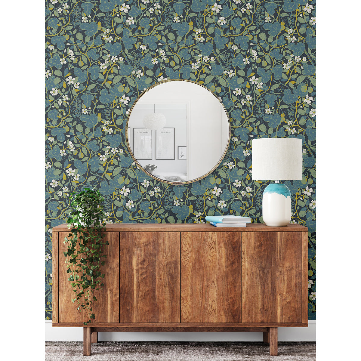 Ewald Blue Garden Vines Wallpaper  | Brewster Wallcovering - The WorkRm