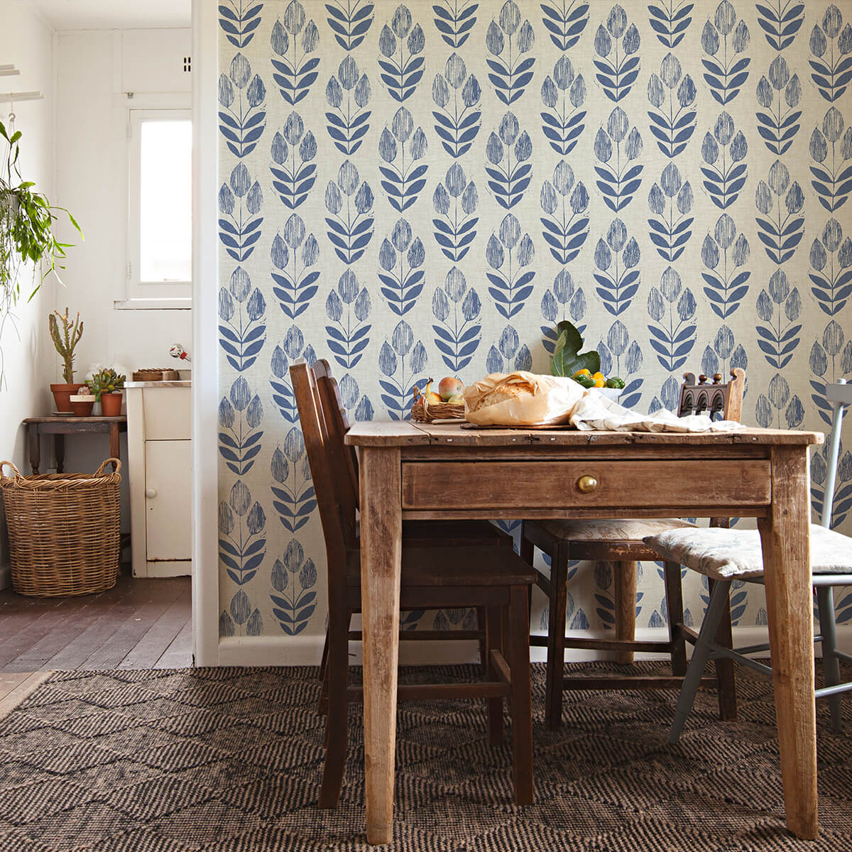 Blue Folk Tulip Peel and Stick Wallpaper - York Wallcoverings - NUS4288 - York Wallcoverings Wallpaper