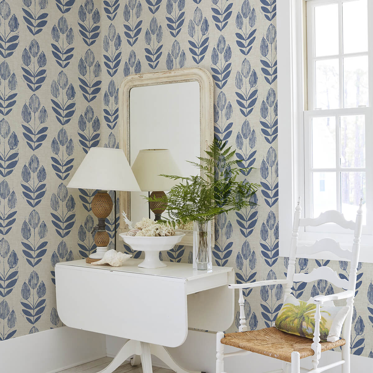 Blue Folk Tulip Peel and Stick Wallpaper - York Wallcoverings - NUS4288 - York Wallcoverings Wallpaper