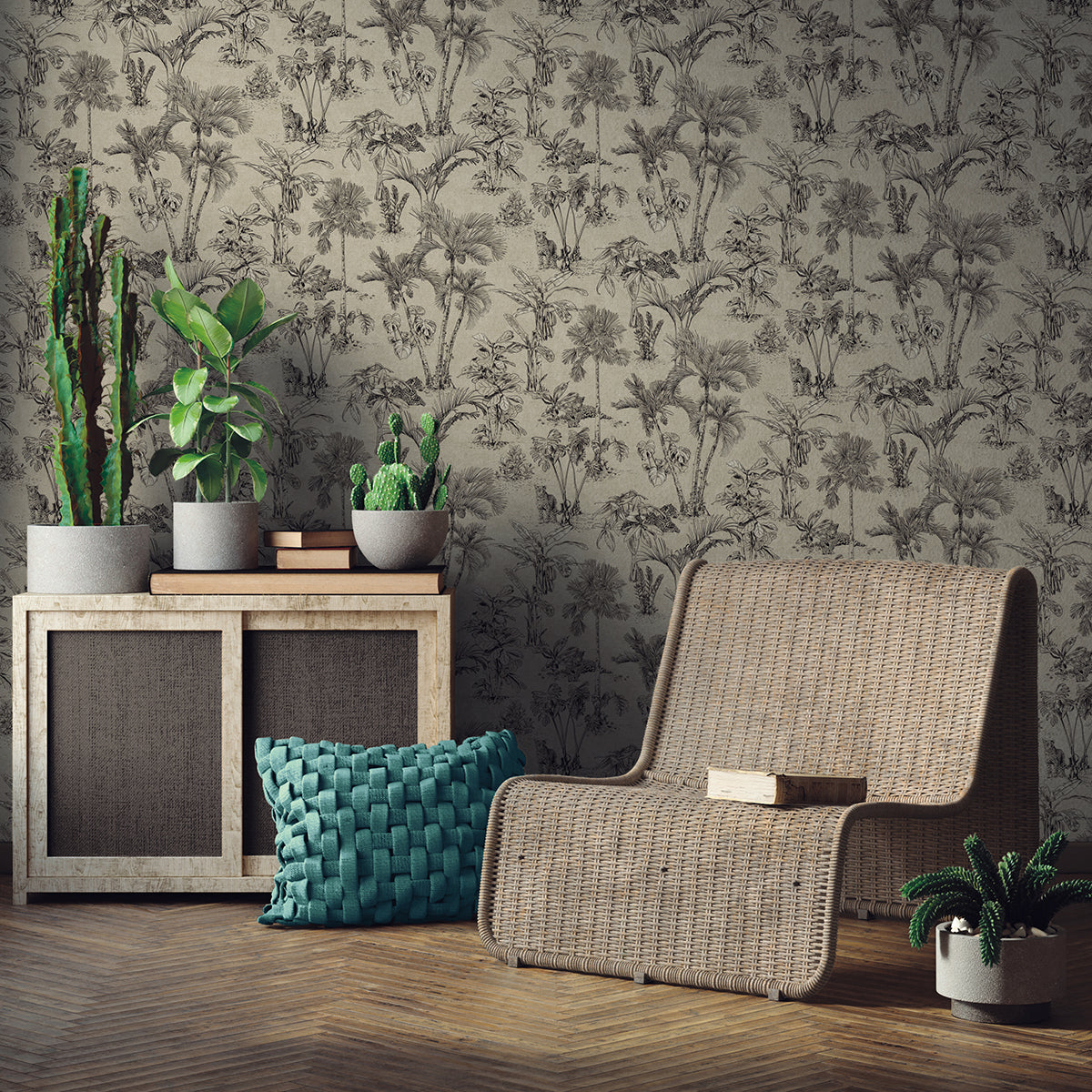 Zapata Black Tropical Jungle Wallpaper - Brewster Wallcovering