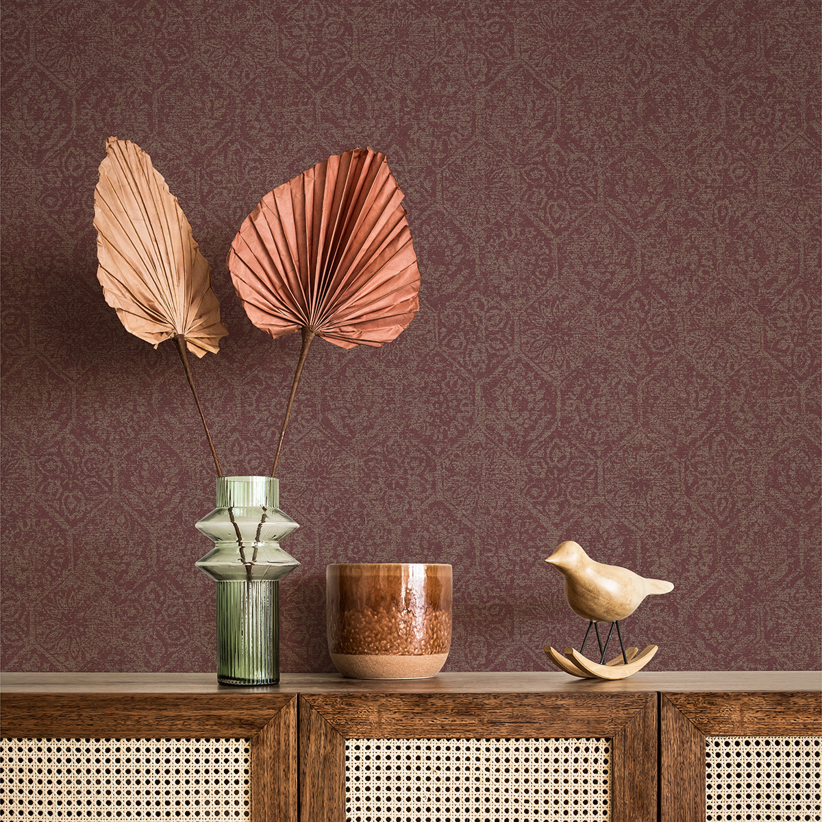 Edsel Maroon Geometric Wallpaper - Brewster Wallcovering