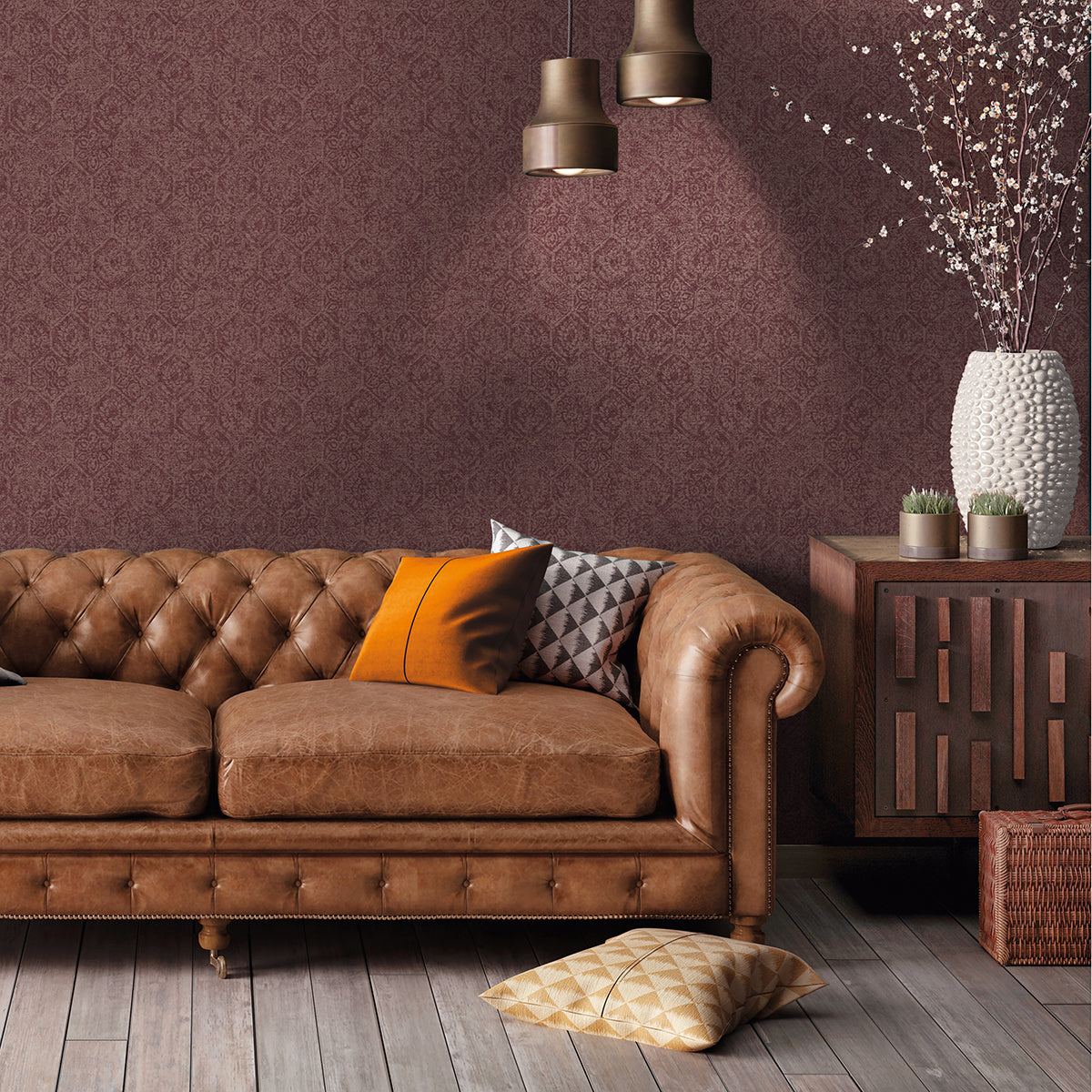 Edsel Maroon Geometric Wallpaper - Brewster Wallcovering