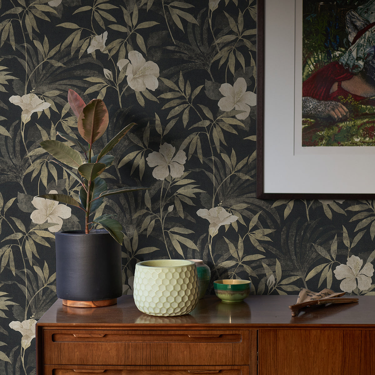 Malecon Charcoal Floral Wallpaper - Brewster Wallcovering