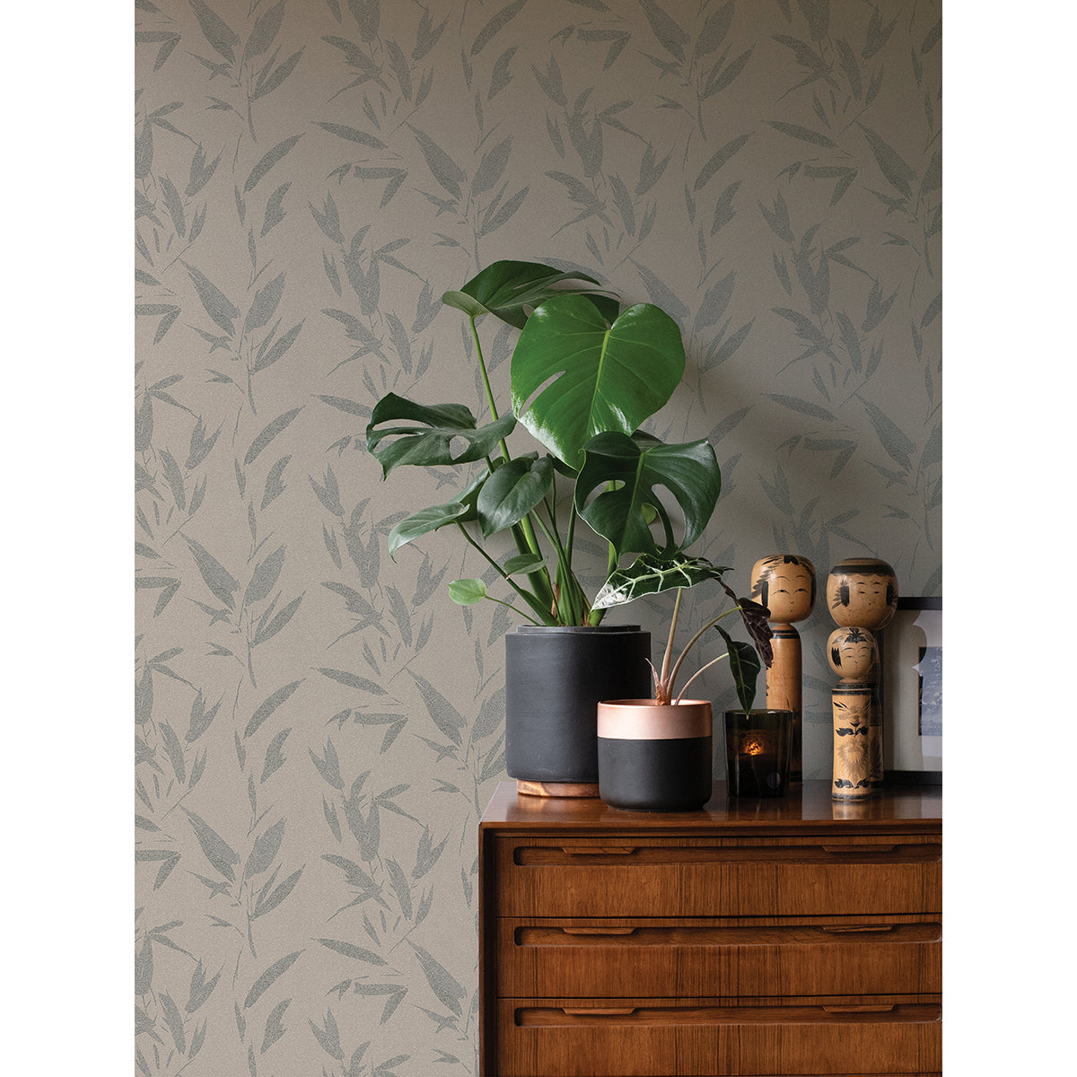 Kaiya Grey Leaves Wallpaper - Brewster Wallcovering