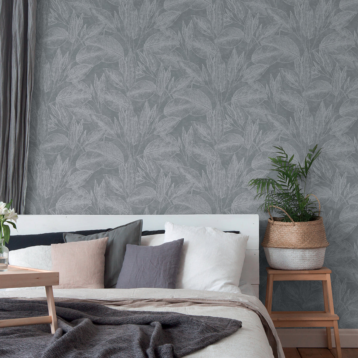 Suki Grey Leaves Wallpaper - Brewster Wallcovering