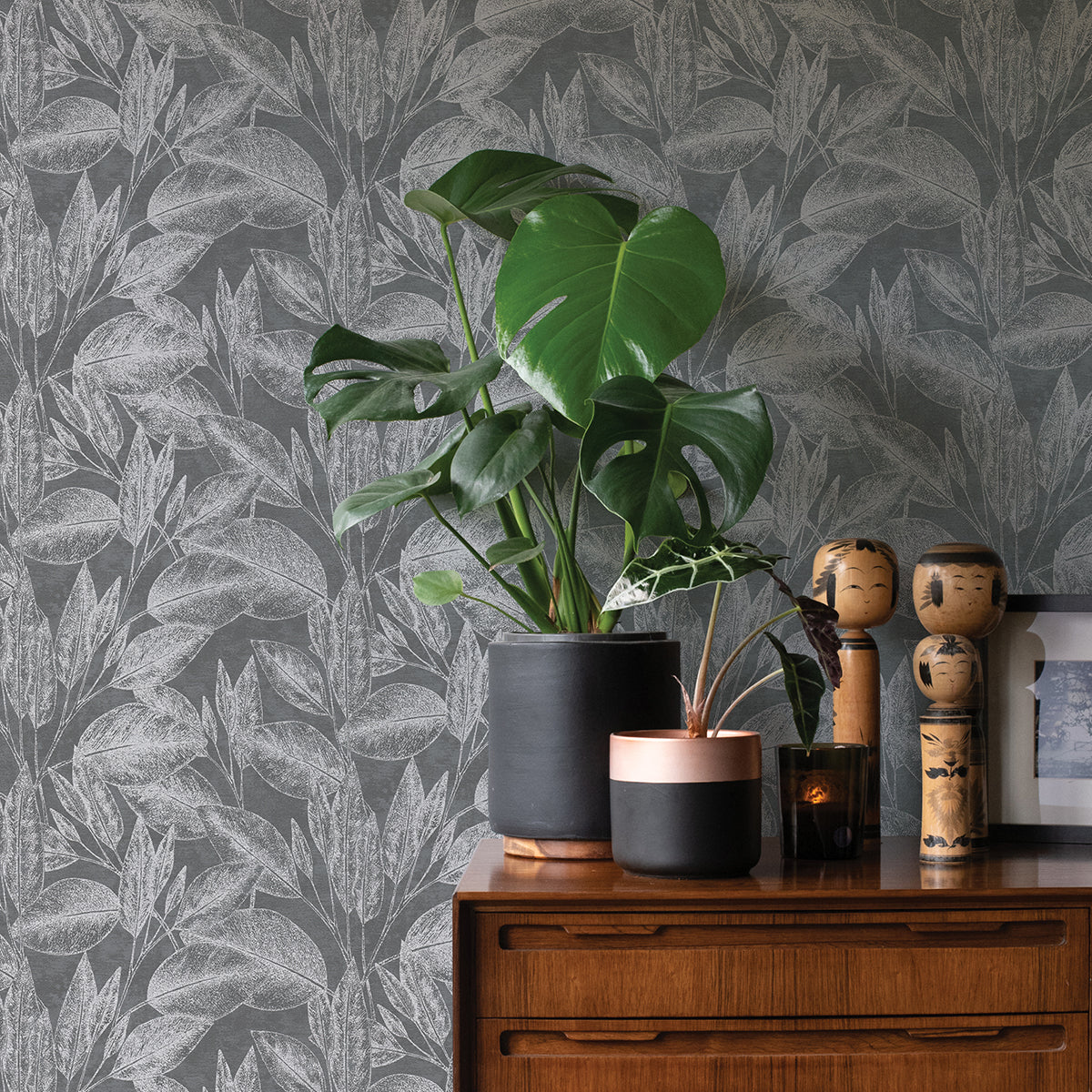 Suki Grey Leaves Wallpaper  | Brewster Wallcovering