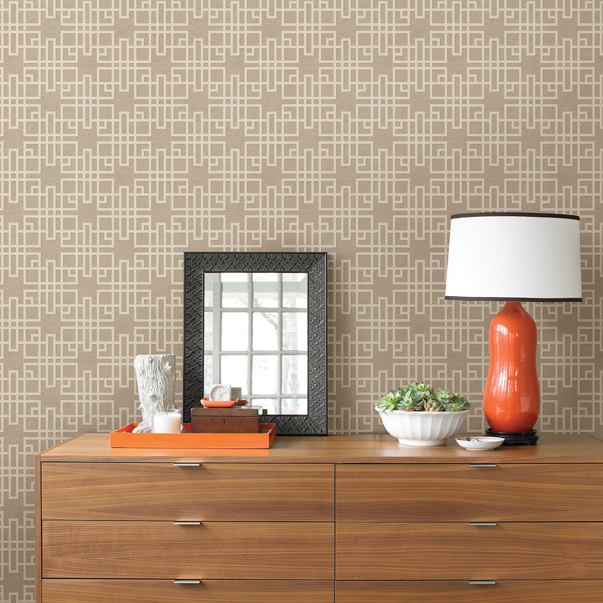 Mana Beige Trellis Wallpaper - Brewster Wallcovering