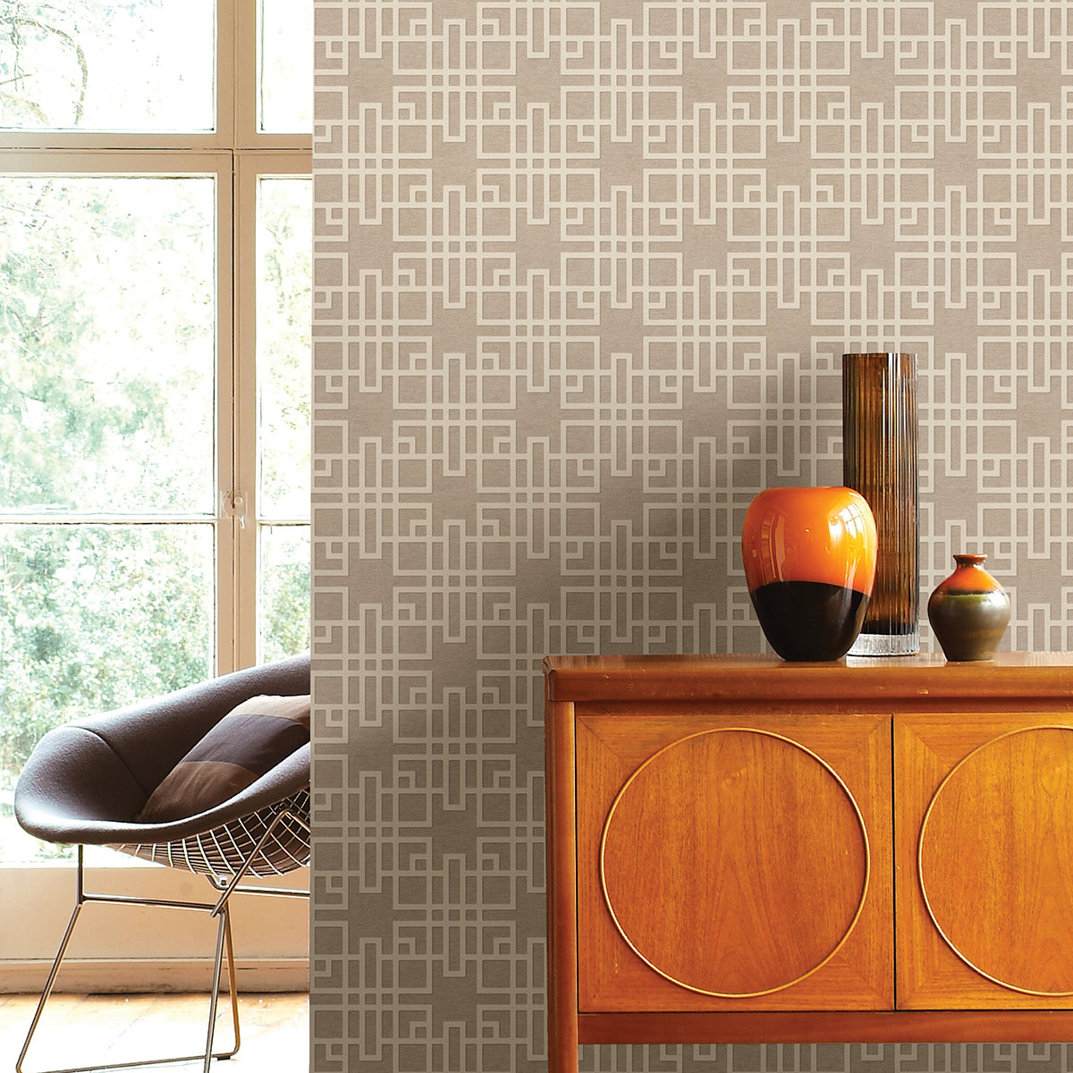 Mana Beige Trellis Wallpaper - Brewster Wallcovering