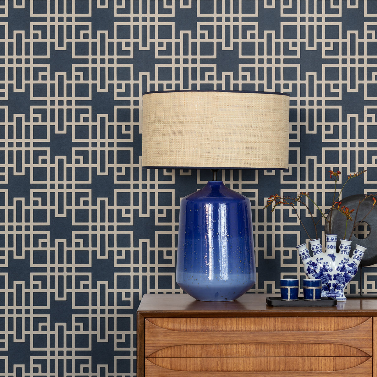 Mana Navy Trellis Wallpaper - Brewster Wallcovering