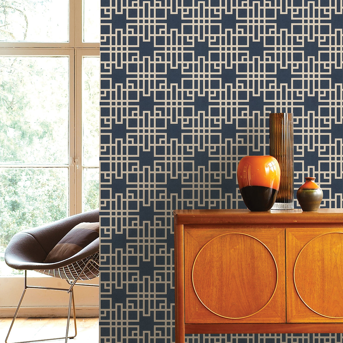 Mana Navy Trellis Wallpaper - Brewster Wallcovering