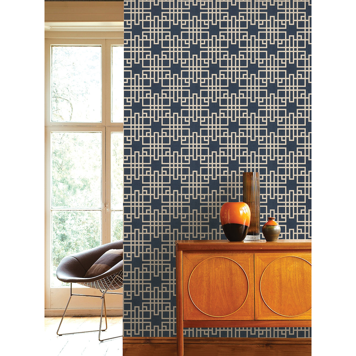 Mana Navy Trellis Wallpaper - Brewster Wallcovering