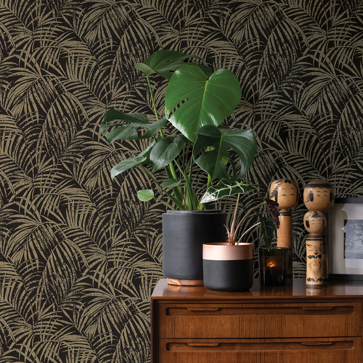 Yumi Black Palm Leaf Wallpaper - Brewster Wallcovering