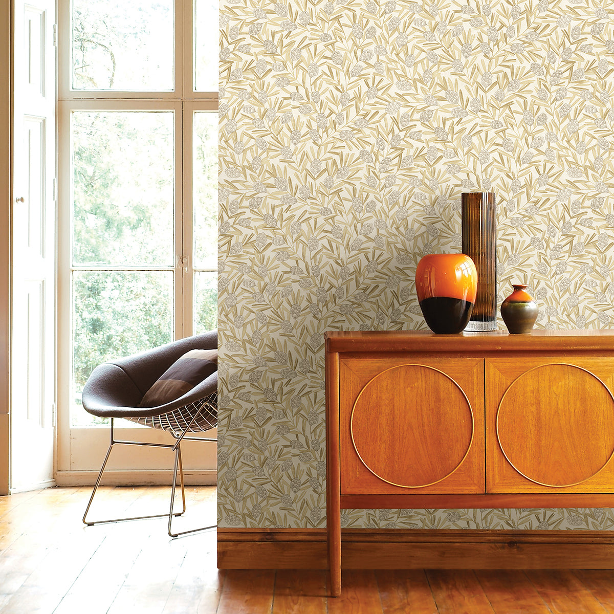 Zulma Gold Decorative Botanical Wallpaper - Brewster Wallcovering