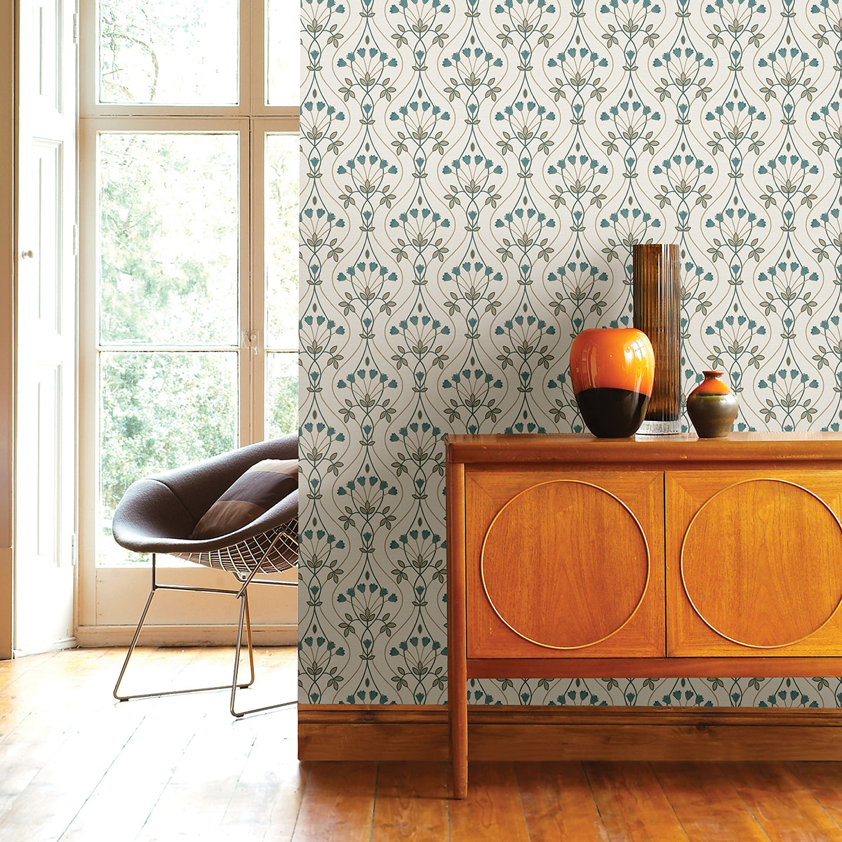 Dard Teal Tulip Ogee Wallpaper - Brewster Wallcovering