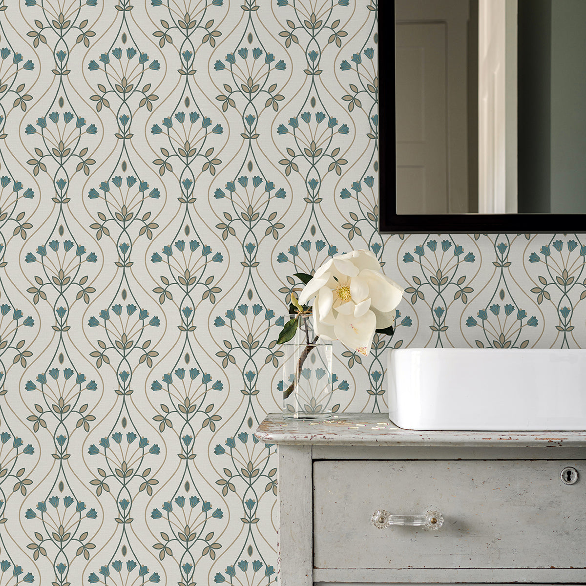 Dard Teal Tulip Ogee Wallpaper - Brewster Wallcovering