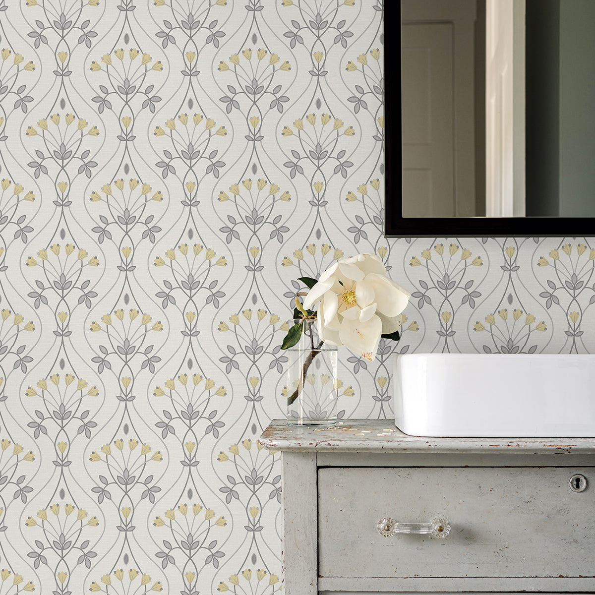 Dard Grey Tulip Ogee Wallpaper - Brewster Wallcovering