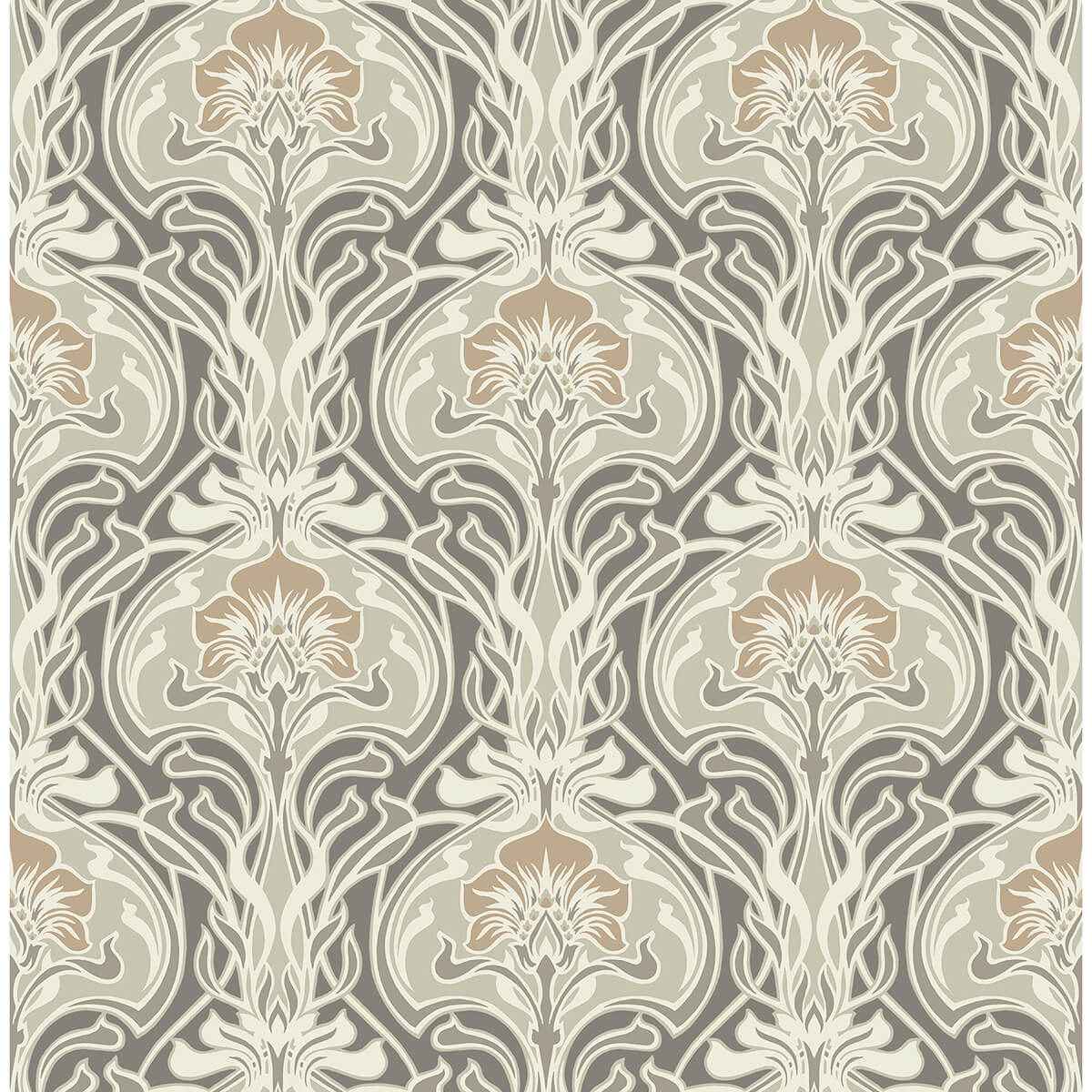 Mucha Dark Grey Botanical Ogee Wallpaper - York Wallcoverings - 2970-26150 - York Wallcoverings Wallpaper