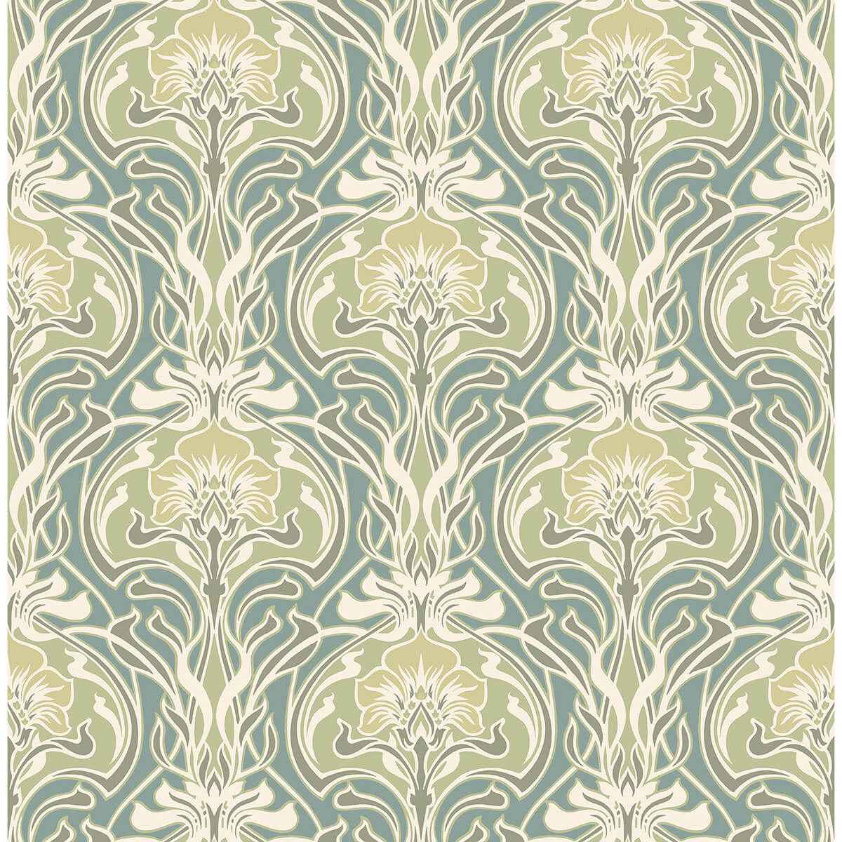 Mucha Teal Botanical Ogee Wallpaper - York Wallcoverings - 2970-26151